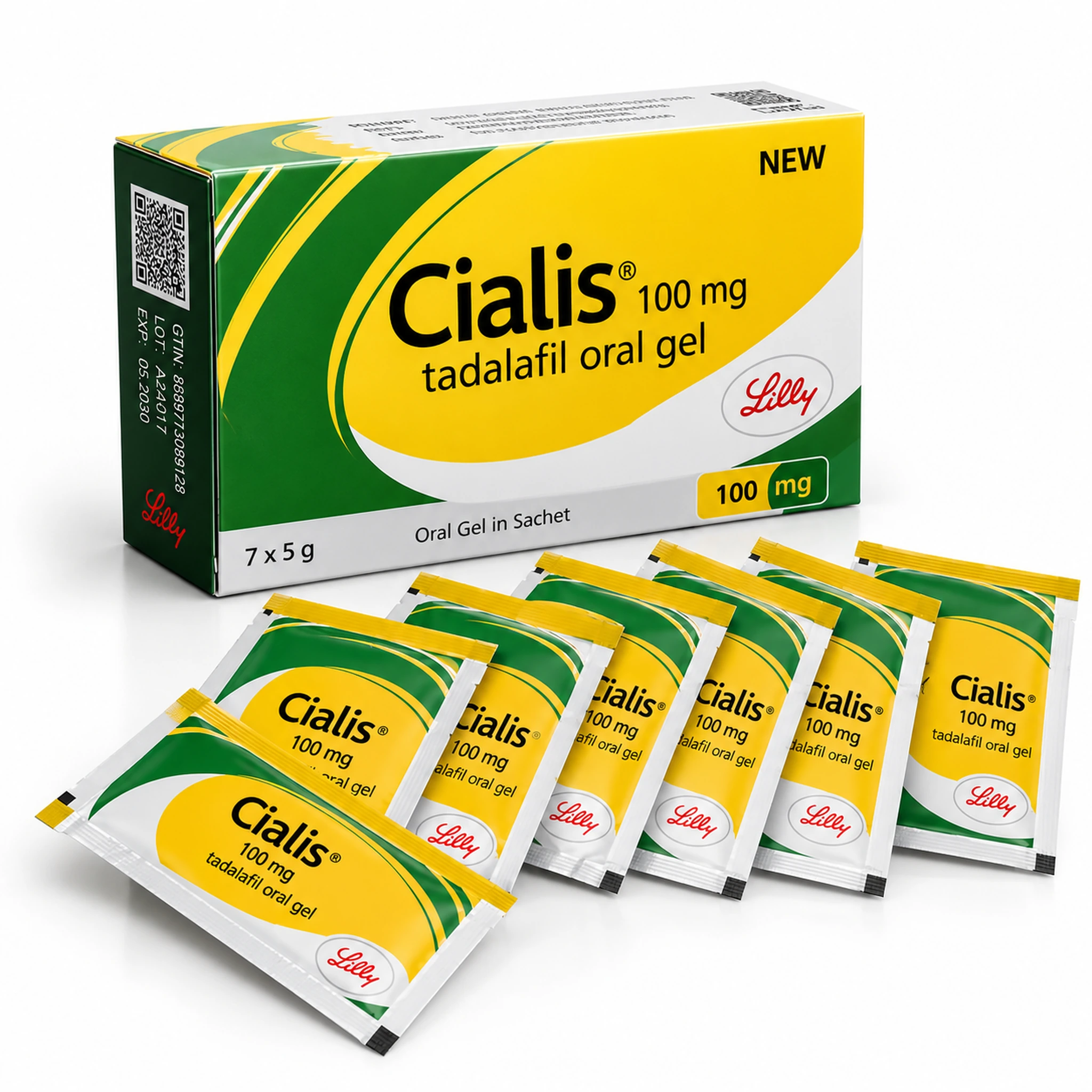 Cialis 100 mg Oral Jel 7 Saşe Fiyatı Cialis 100 mg oral jel yazılı sarı-yeşil kutu ve önünde düzenli şekilde sıralanmış yedi kapalı saşe.